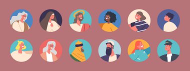 Çeşitli İnsanlar Görseller, Yaşlı ve Genç Yuvarlak İkonlar, Aziz Mary, İsa ve Magi. Çocuklar, Pilot, İsrailliler portreleri izole etti. Çizgi film Vektör İllüstrasyonu