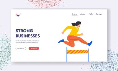 Güçlü İş İniş Sayfası Şablonu. İş kadını yarışma başarısı, motivasyon ve azim konularındaki engelleri aştı. İş Dünyasında Mücadele ve Zafer. Çizgi film Vektör İllüstrasyonu