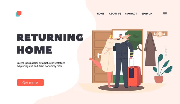 Returning Home Landing Page Template Happy Wife Meet Pilot Husband — Stock Vector