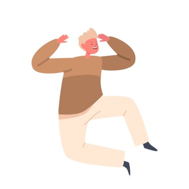 Gençlik, Mutluluk ve Özgürlük kavramı. Mutlu, gülen küçük bir çocuğun beyaz arka planda tek başına oynayıp zıplaması. Çocuk Kutlama Partisi, Yaz Tatili Buluşması. Çizgi film İnsanları Vektör İllüstrasyonu