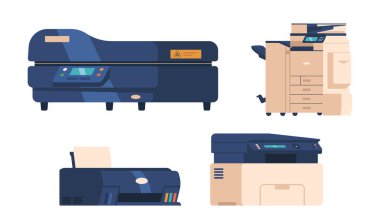 Yazıcı seti, dijital dökümanların, resimlerin ve mürekkep, toner ya da ofis, ev ve iş yerlerindeki termal kağıtları kullanarak diğer verilerin basılı kopyasını çıkaran makine. Çizgi film Vektör İllüstrasyonu