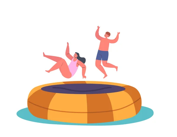 Αγοράκι Και Κορίτσι Διασκεδάζουν Πηδώντας Στο Τραμπολίνο Στις Καλοκαιρινές Διακοπές — Διανυσματικό Αρχείο