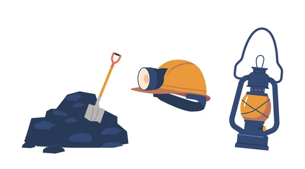 Equipment Coal Miners Including Helmet Oil Wick Lamp Shovel Pile — Stock Vector