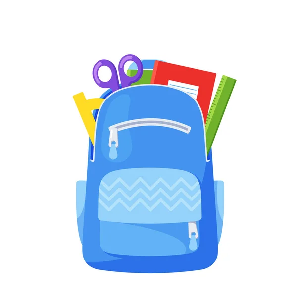 Blue School Bag Complete Stationery Notizbücher Lineal Und Schere Isoliert — Stockvektor