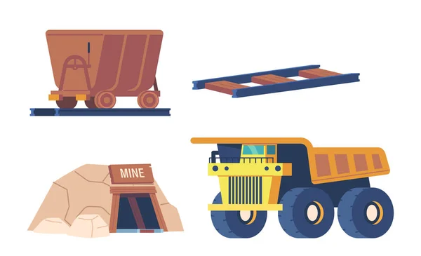 Assortiment Attributs Des Mineurs Charbon Tels Que Chariot Chemin Fer — Image vectorielle