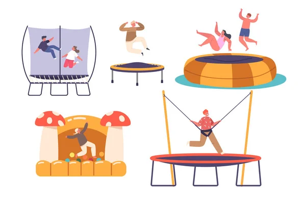 Little Kids Jumping Hopping Trampoline Sunny Summer Day Friends Celebrate — Stock Vector