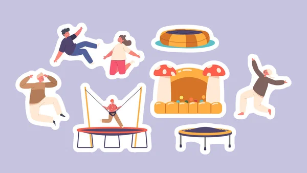 Set Stickers Little Kids Jumping Hopping Trampoline Celebrate Party Having — Stock Vector
