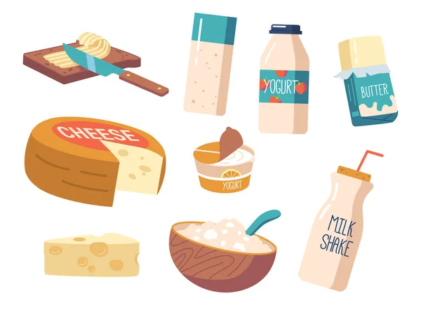 牛乳と乳製品セットには チーズ ヨーグルト バター クリーム 牛乳がさまざまな形で含まれています 乳製品の多様性と多様性 食品と健康関連のプロモーション 漫画ベクターイラスト — ストックベクタ