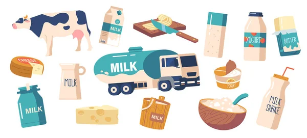 Süt Süt Ürünleri Simgeleri Seti Peynir Yoğurt Tereyağı Süt Kamyonu — Stok Vektör