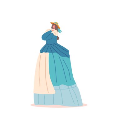 18. yüzyıl kıyafetleri içinde Voluminous elbisesi, Dantel Detayları ve Hasır Şapkalı Kadın. Görkemli Tarihi ya da Dönem temalı Kadın Karakteri Konsepti Dönemi. Çizgi film İnsanları Vektör İllüstrasyonu