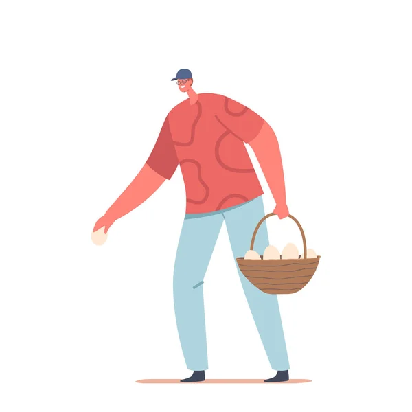 Male Farmer Character Holding Basket Full Fresh Eggs Image Showcases — Stock Vector