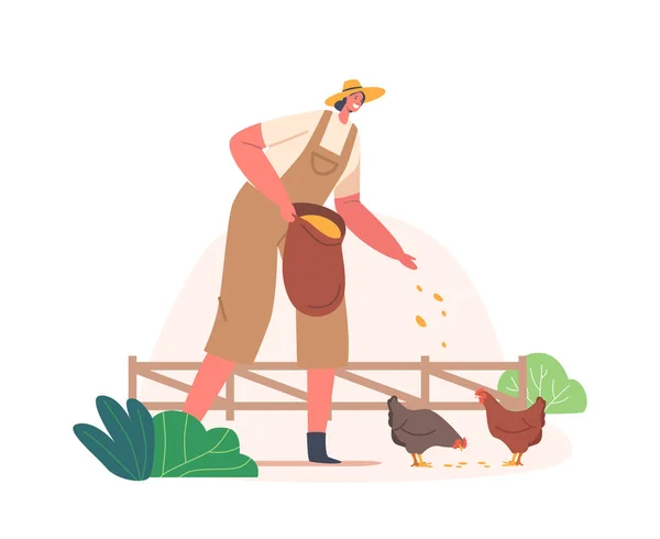 Mujer Personaje Alimentando Los Pollos Entorno Rural Granja Cuidado Aves — Vector de stock