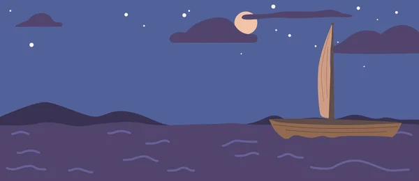 stock vector Wooden Boat with Sails Float at Night Ocean Under Starry Sky With Shining Full Moon Above Sea With Rocks Sticking Up Of Water. Beautiful Nature Landscape Background. Cartoon Vector Illustration