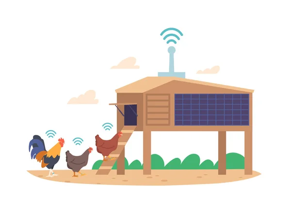 Hühner Mit Wifi Auf Smart Farm Fortschrittliche Technologie Mit Echtzeit — Stockvektor