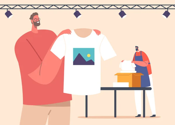 Trabalhador Estúdio Apresentando Serigrafia Camisetas Roupas Embalagem Caixa Para Entrega — Vetor de Stock