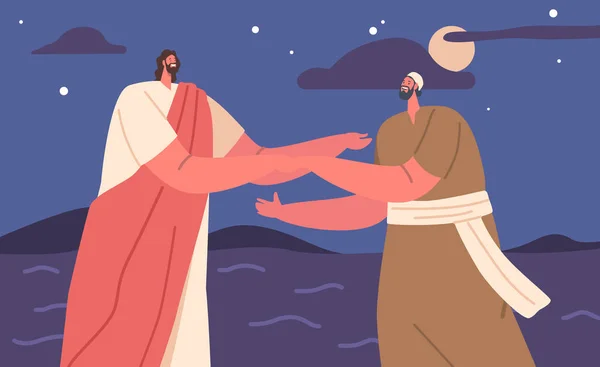 イエスとペテロが水の上を歩く驚くべき聖書の物語のシーンは信仰の奇跡を捉えます 宗教的または精神的なイメージは 信仰と信頼の力を象徴しています 漫画ベクターイラスト — ストックベクタ
