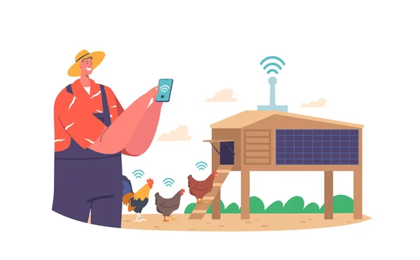 Poulet Contrôle Caractère Agriculteur Avec Wifi Sur Smart Farm Technologie — Image vectorielle
