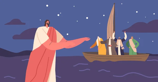 Biblijna Scena Przedstawiająca Jezusa Chodzącego Wodzie Swoimi Apostołami Siedzącymi Łodzi — Wektor stockowy