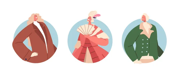 Hombres Mujeres Elegante Atuendo Del Siglo Xviii Iconos Redondos Aislados — Archivo Imágenes Vectoriales