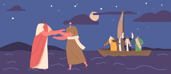圣经场景耶稣和彼得在水上行走 使徒坐在船上 形象描绘了信仰 奇迹和精神信仰的宗教或精神主题 卡通矢量图解 — 图库矢量图片