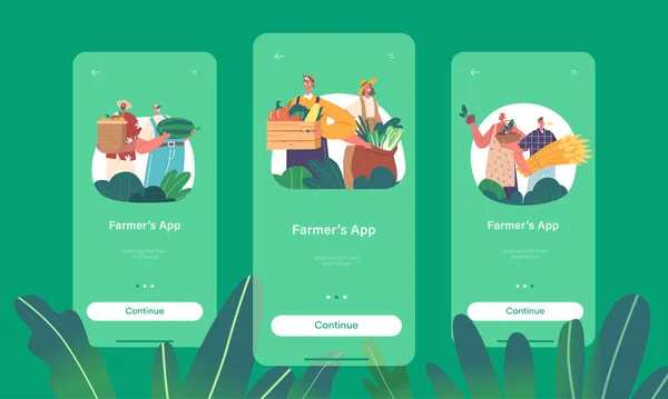 Farmers Mobile App Page Modelo Tela Bordo Personagens Orgulhosamente Ficar — Vetor de Stock