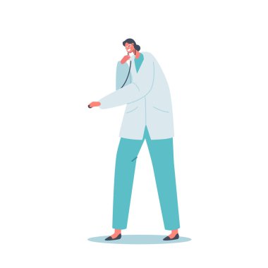 Kendine güvenen kadın doktor bir steteskop tutuyor ve hastalarına şefkat göstermeye hazır. Gülümseyen Kadın Terapisti ya da Veteriner. Çizgi film İnsanları Vektör İllüstrasyonu