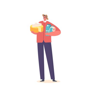 Gururlu çiftçi erkek karakter elinde taze mandıra ürünleri, çok çalışmasının bir kanıtı, hayvanlarına bakması, ve işine kendini adaması. Çizgi film İnsanları Vektör İllüstrasyonu