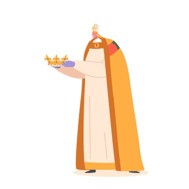 Piskopos, taç giyme töreninde resmi kıyafetlerini giyip taç giyerek kilisenin egemenlik ve ruhani otoritesini sembolize ediyor. Çizgi film İnsanları Vektör İllüstrasyonu