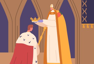 Kral taç giyme töreninde diz çöker. İlahi otoriteye boyun eğme sembolü olarak eğik başlı bir hükümdar karakteri. Sırtında Royal Cübbe, kafasında Bishop Place Crown. Vektör İllüstrasyonu