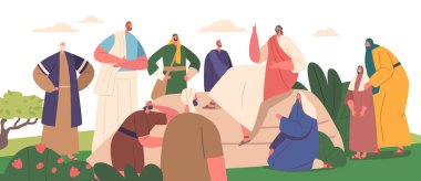 İsa vaazı dağa dağıttı, takipçilerine güzellikleri, lordların dualarını ve Celile Denizi 'nin yakınındaki bir tepedeki diğer ruhani öğretileri öğretti. Çizgi film İnsanları Vektör İllüstrasyonu