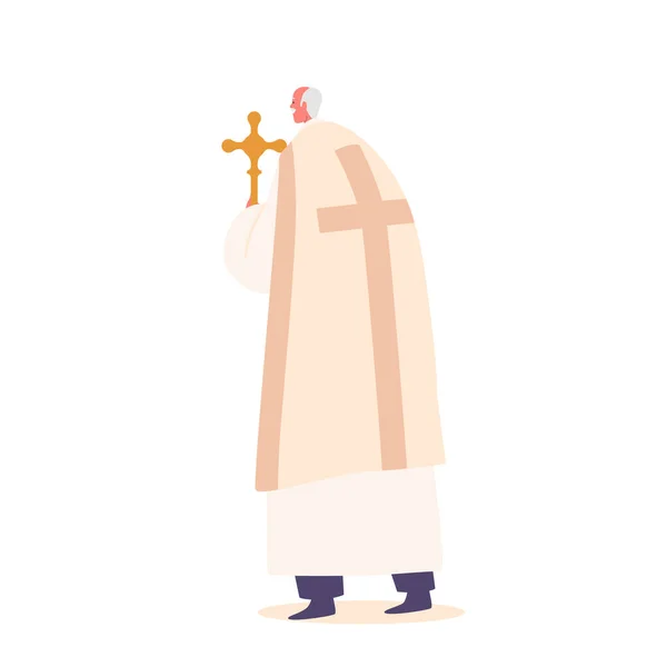司教は 白い背景に隔離された敬虔な表情リアビューで十字架を保持します カトリックの宗教的な教皇の文字は精神的な穏やかなと献身の感覚を放射します 漫画人ベクトルイラスト — ストックベクタ