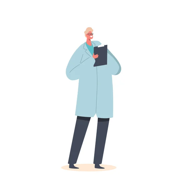 Чоловічий Персонаж Медичному Robe Holding Clipboard Орієнтований Огляд Записів Пацієнтів — стоковий вектор