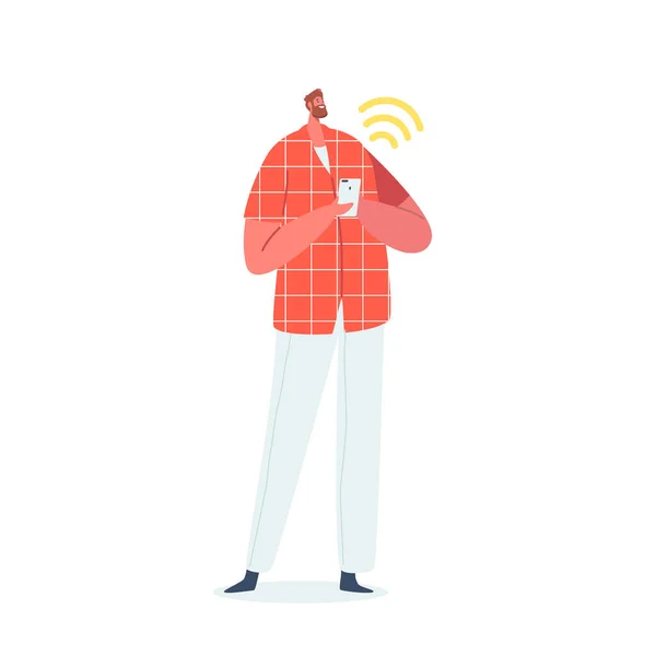 Erkek Karakter Akıllı Telefonunu Kontrol Eder Interneti Kablosuz Ile Tarar — Stok Vektör