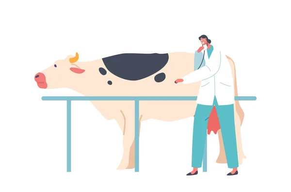 Médica Veterinária Personagem Feminina Usa Estetoscópio Para Examinar Saúde Vaca — Vetor de Stock