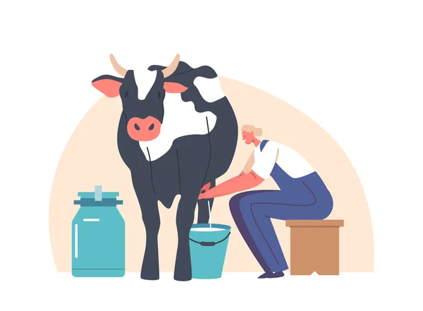 农夫的女性角色坐在奶牛旁边的凳子上 熟练地挤进篮子里 从事畜牧业生产的妇女生产奶制品 卡通人物矢量图解 — 图库矢量图片