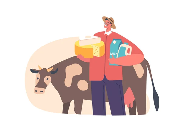 農家の男性キャラクターは チーズ バターなどの新鮮な乳製品の配列を示す 彼の牛の横に誇らしげに立っています 畜産食品のコンセプト 漫画人ベクトルイラスト — ストックベクタ