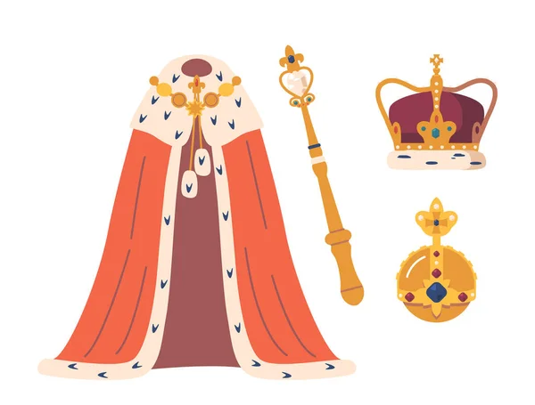 Set Coronation Elegant Attributes Including Golden Crown Royal Scepter Orb — Stock Vector