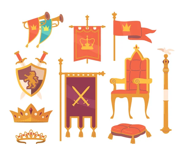Set Coronation Attributes Magnificent Regal Crown Tiara Royal Staff Throne — Stock Vector