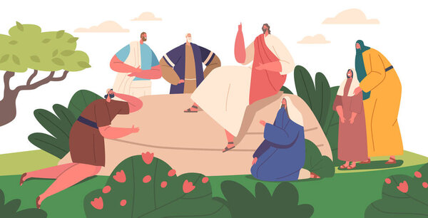 Персонаж Иисуса проповедовал на горе Свою знаменитую проповедь, наставляя Своих последователей быть милосердными, смиренными и милосердными друг к другу. Вектор карикатурных людей