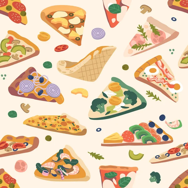 Seamless Pattern Features Array Colorful Pizza Slices Set Beige Backdrop — Stock Vector