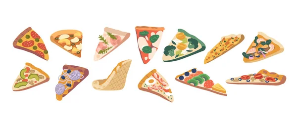 Blandade Pizzabitar Med Olika Toppings Som Pepperoni Korv Svamp Skaldjur — Stock vektor