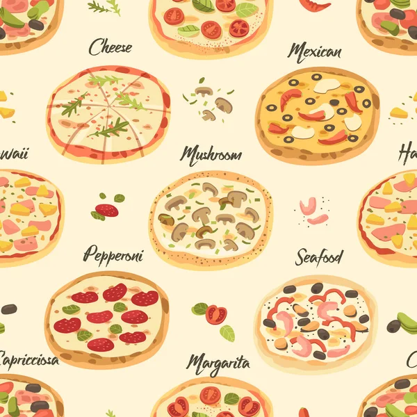 Patrón Sin Costura Representa Pizzas Varios Tamaños Cubiertas Incluyendo Pepperoni — Archivo Imágenes Vectoriales
