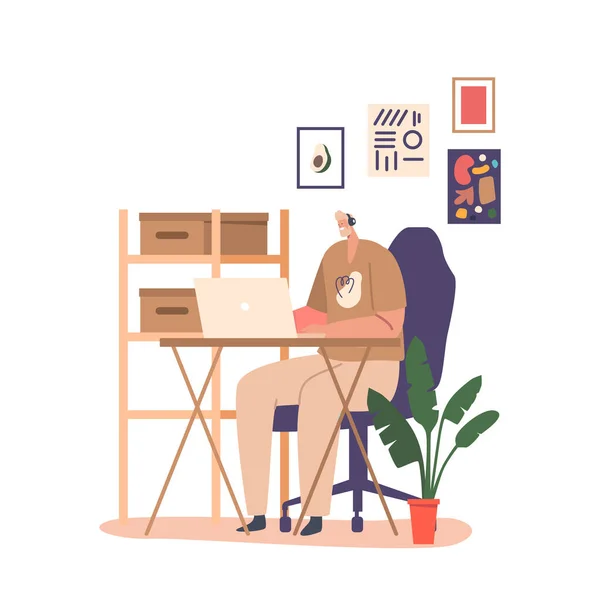 Male Character Headphones Sitting Desk Laptop Graphic Designer Drawing Sketch — Stock Vector