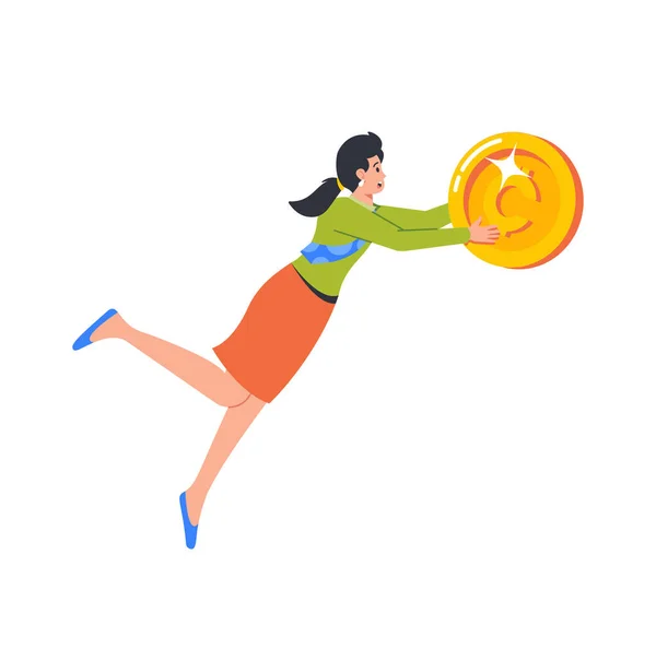 Woman Jump Easy Money Female Character Holding Huge Golden Coin — Stock Vector