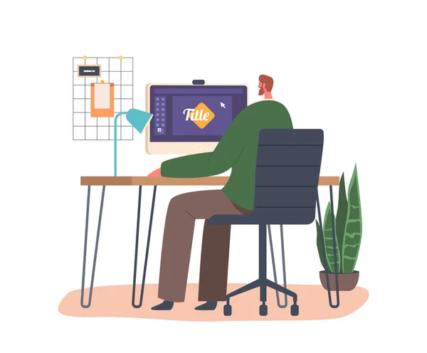 Designer Gráfico Personagem Masculino Criar Logotipo Sentado Mesa Com Computador —  Vetores de Stock