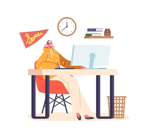 Creative Woman Graphic Designer Sitting Desk Making Sketch Tablet Workplace — ストックベクタ