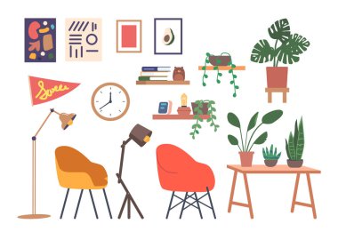 Tasarımcı Stüdyosu Mobilya ve Cihazları. Ev Bitkileri, Sandalyeler, Kitaplı Raflar, Lambalar, Çizimler, Saat, Sanat ve Duvardaki Boyamalar. Çizgi film Vektör İllüstrasyonu