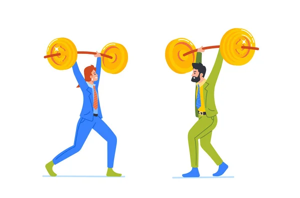 Male Female Business Characters Compete Lifting Barbell Loaded Golden Coins — Stock Vector