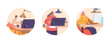 İşteki Grafik Tasarımcılar Yuvarlak Simgeleri ya da Görselleri İzole Etti. Yaratıcı Erkek ve Kadın Karakterleri İçişleri Bakanlığı 'nda Bilgisayar, Tablet ve Laptoplar üzerine çalışıyor. Çizgi film Vektör İllüstrasyonu