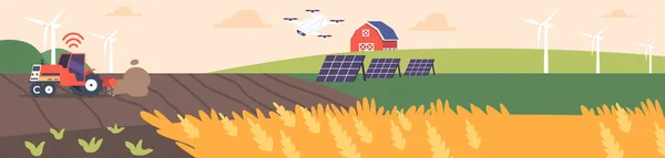 スマート技術ファームは 近代農業の課題を克服するために 無人機械 無人機 太陽エネルギー技術を使用して 農業産業の最前線にあります 漫画ベクターイラスト — ストックベクタ